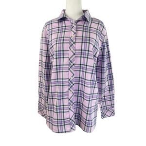 Talbots M Button Up Shirt Purple Plaid Long Sleeve Blouse Silver Metallic